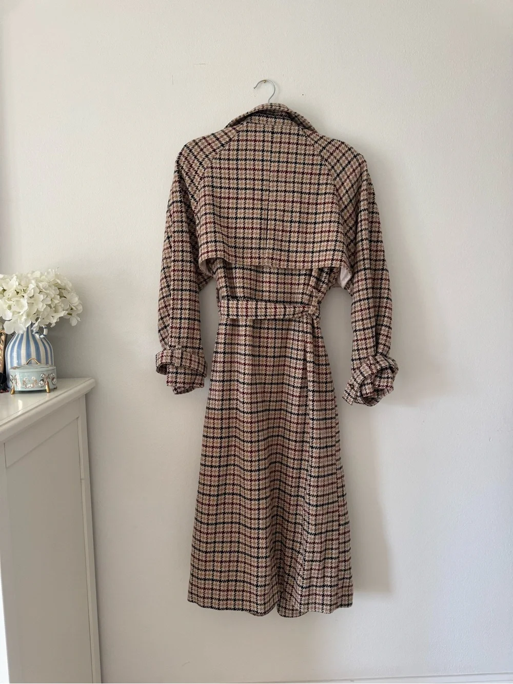 Rumored Plaid Trench Coat in Beige, Black & burgundy